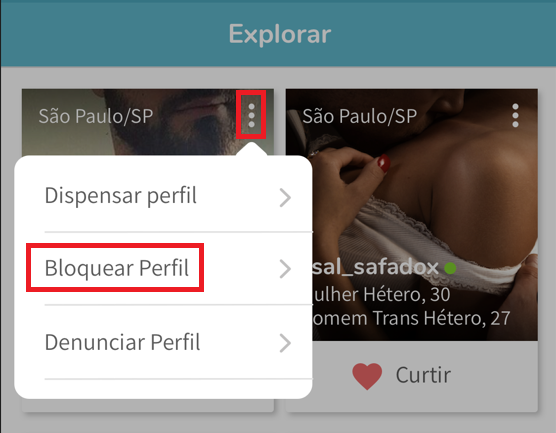 Menu de bloqueio na página Explorar
